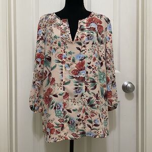 New York & Co 7th Avenue Floral Boho Top Pink Split Neck Cottage Peasant Large
